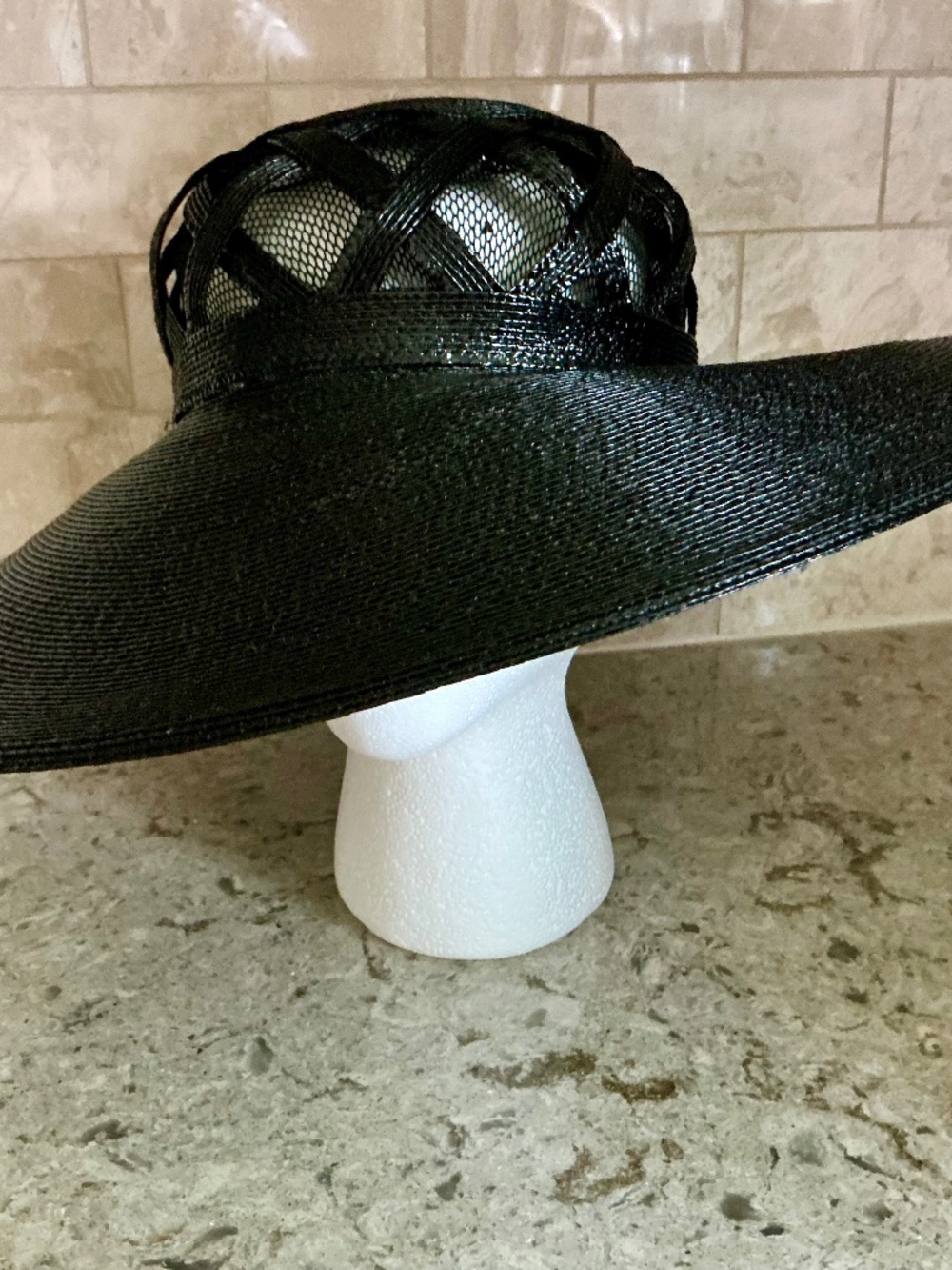 Vintage Frank Olive Black Wide Brim Straw Hat Open Weave Lattice Crown Dramatic